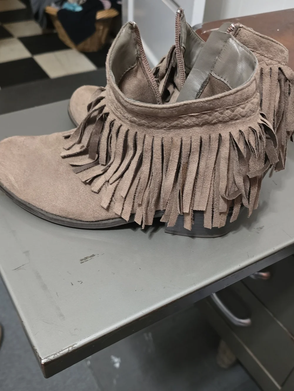 Refresh Taupe Suede Fringe Ankle Booties